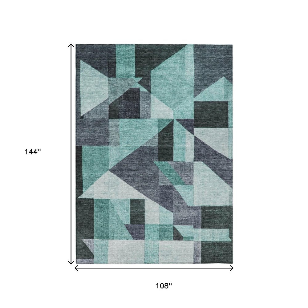9' X 12' Teal Blue And Gray Geometric Washable Indoor Outdoor Area Rug