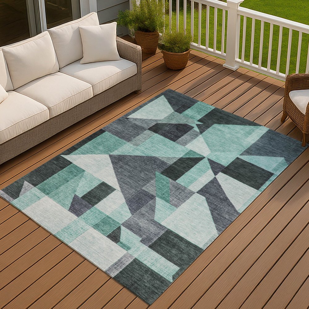 9' X 12' Teal Blue And Gray Geometric Washable Indoor Outdoor Area Rug
