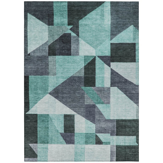 9' X 12' Teal Blue And Gray Geometric Washable Indoor Outdoor Area Rug