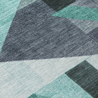 9' X 12' Teal Blue And Gray Geometric Washable Indoor Outdoor Area Rug