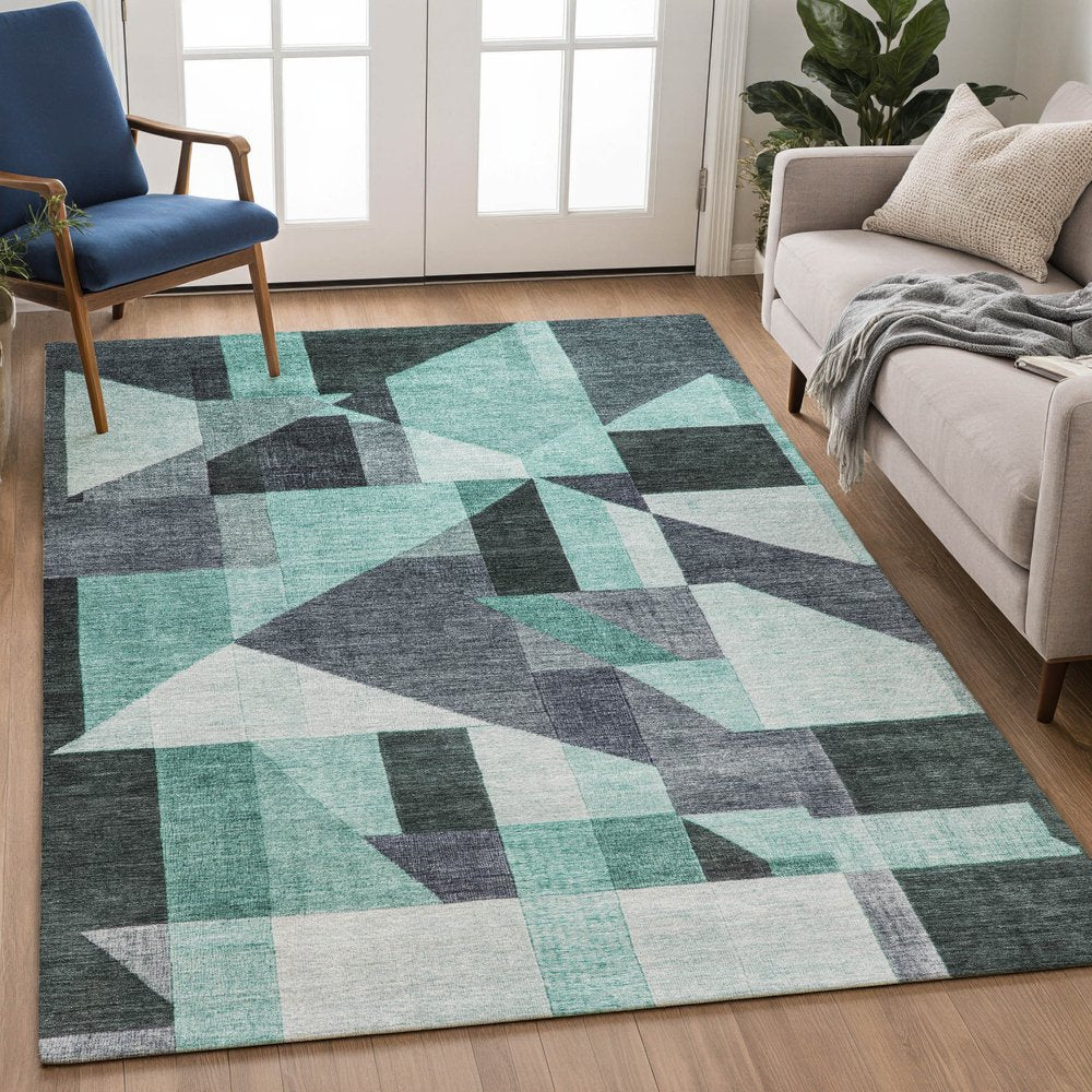 9' X 12' Teal Blue And Gray Geometric Washable Indoor Outdoor Area Rug