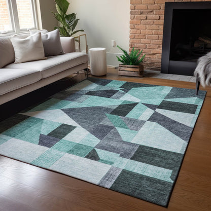 9' X 12' Teal Blue And Gray Geometric Washable Indoor Outdoor Area Rug
