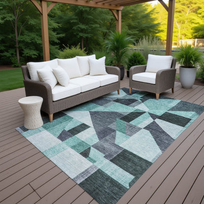 9' X 12' Teal Blue And Gray Geometric Washable Indoor Outdoor Area Rug