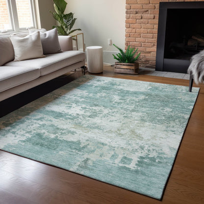 10' X 14' Aqua And Ivory Abstract Washable Indoor Outdoor Area Rug