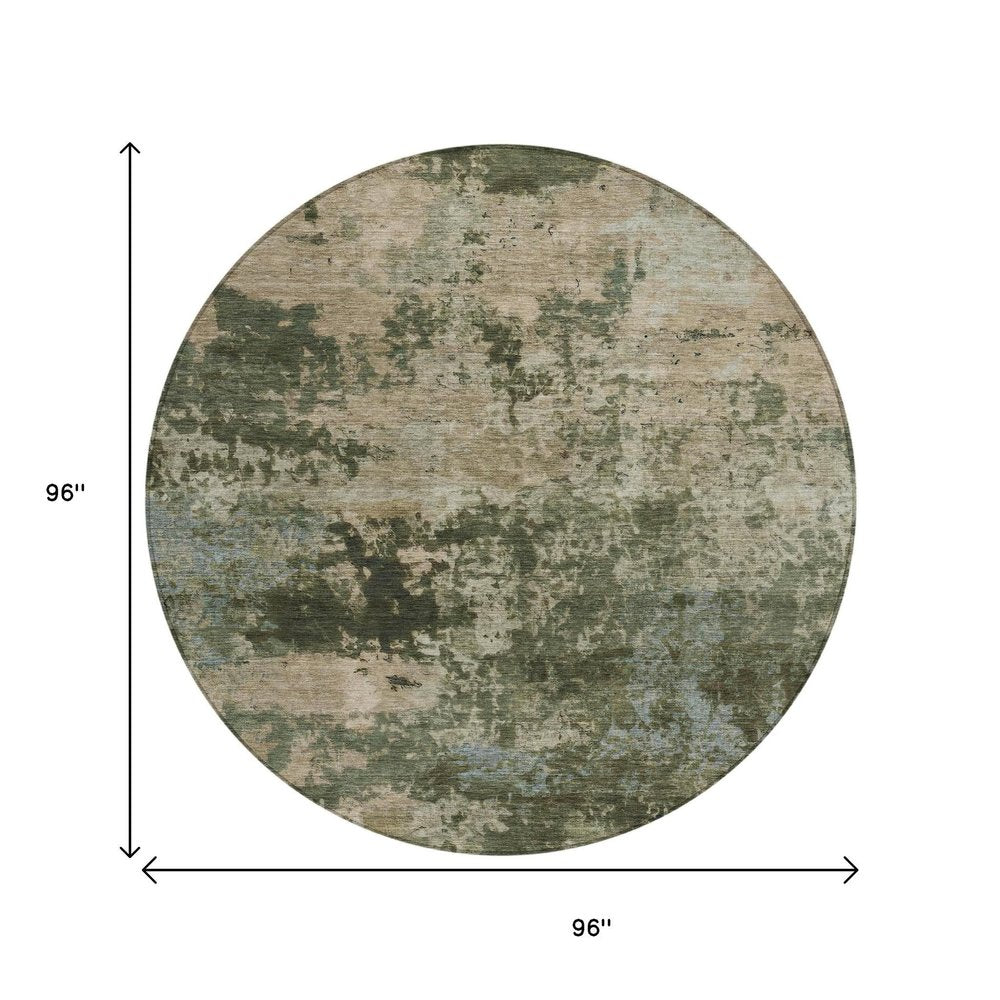 8' Olive Green And Beige Round Abstract Washable Indoor Outdoor Area Rug