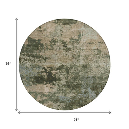 8' Olive Green And Beige Round Abstract Washable Indoor Outdoor Area Rug