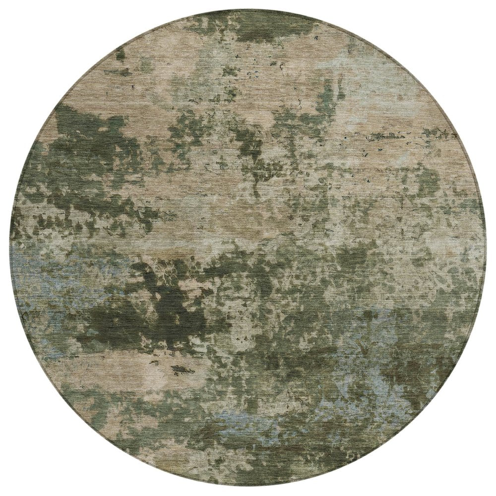 8' Olive Green And Beige Round Abstract Washable Indoor Outdoor Area Rug