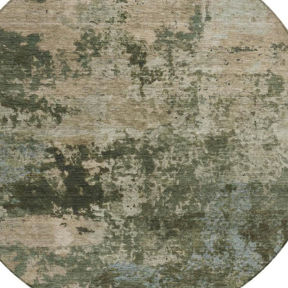 8' Olive Green And Beige Round Abstract Washable Indoor Outdoor Area Rug
