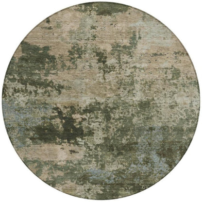 8' Olive Green And Beige Round Abstract Washable Indoor Outdoor Area Rug