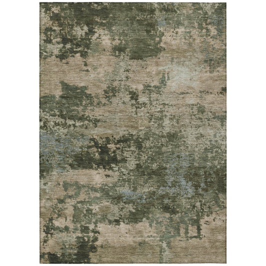 9' X 12' Olive Green And Beige Abstract Washable Indoor Outdoor Area Rug