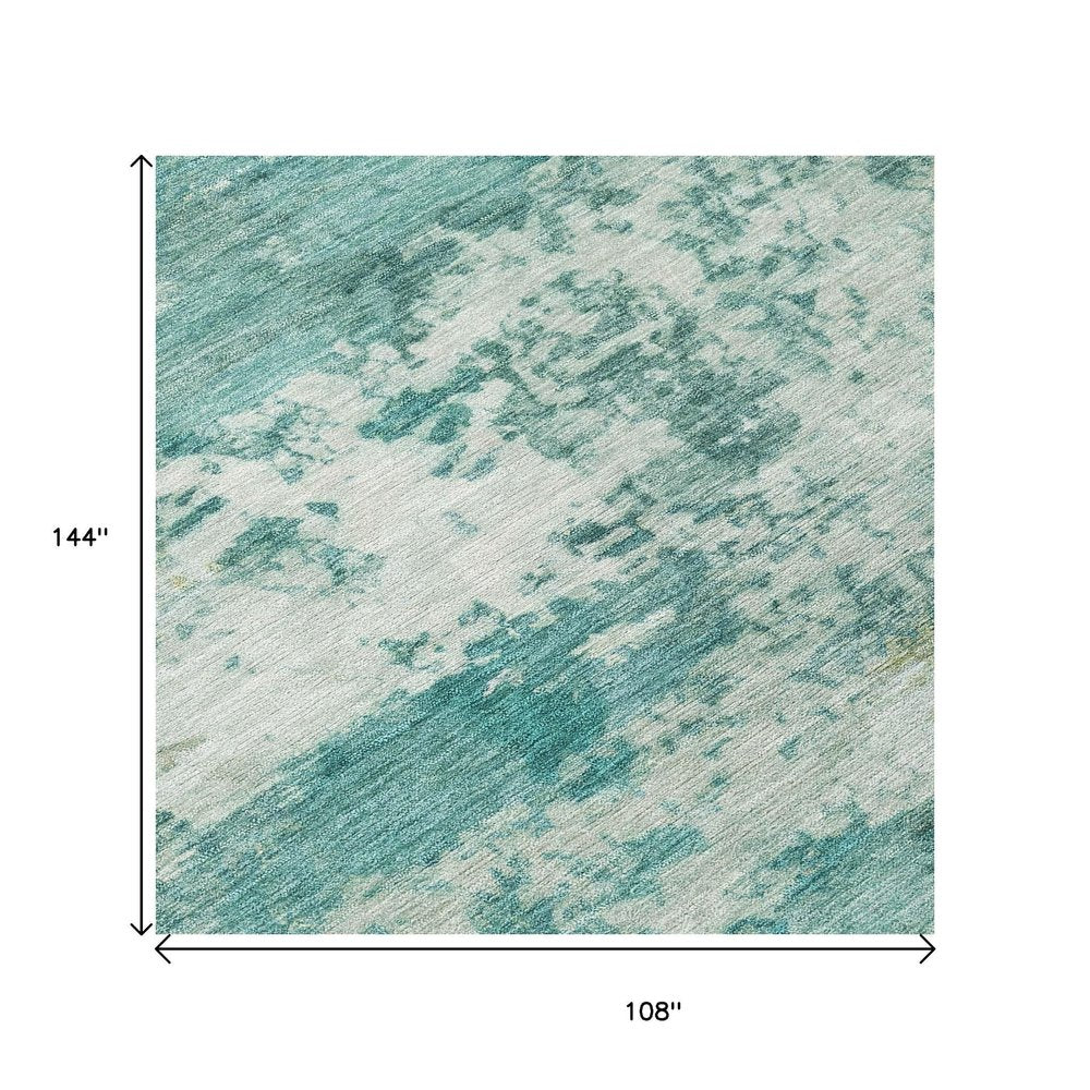 9' X 12' Teal Blue And Ivory Abstract Washable Indoor Outdoor Area Rug