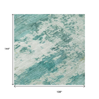 9' X 12' Teal Blue And Ivory Abstract Washable Indoor Outdoor Area Rug