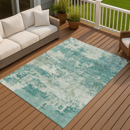 9' X 12' Teal Blue And Ivory Abstract Washable Indoor Outdoor Area Rug