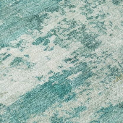 9' X 12' Teal Blue And Ivory Abstract Washable Indoor Outdoor Area Rug