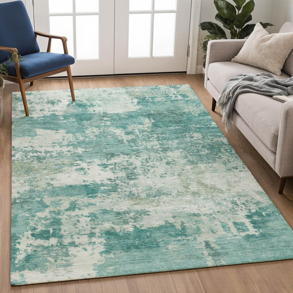 9' X 12' Teal Blue And Ivory Abstract Washable Indoor Outdoor Area Rug