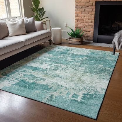 9' X 12' Teal Blue And Ivory Abstract Washable Indoor Outdoor Area Rug