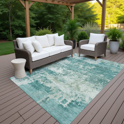 9' X 12' Teal Blue And Ivory Abstract Washable Indoor Outdoor Area Rug