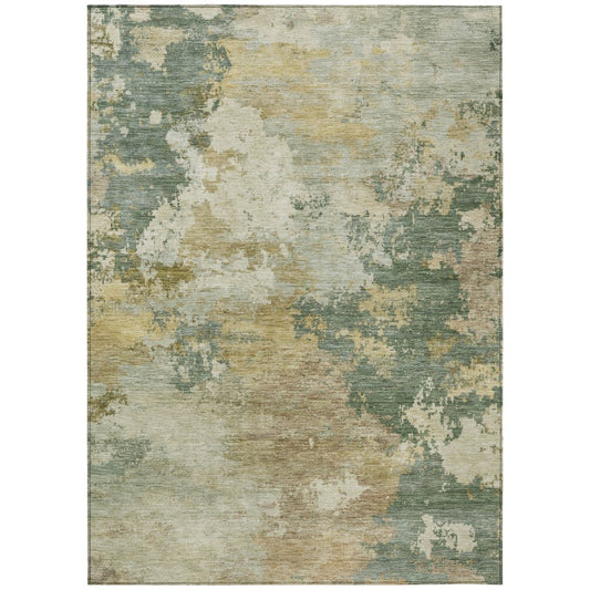10' X 14' Artichoke Green Gold And Ivory Abstract Washable Indoor Outdoor Area Rug