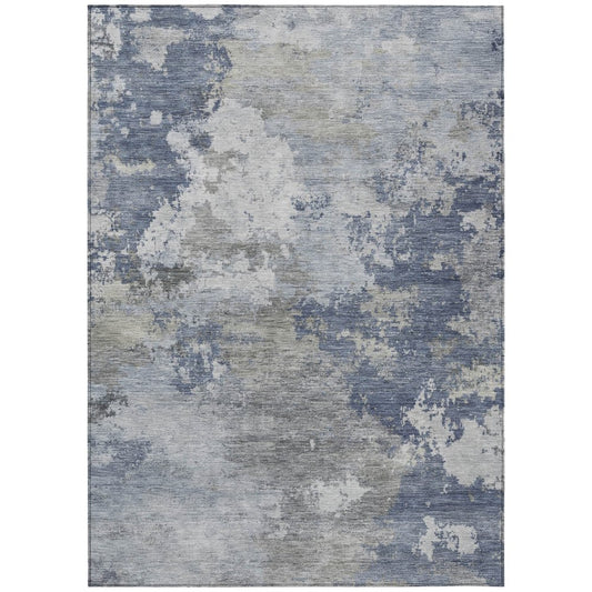 9' X 12' Denim Blue And Ivory Abstract Washable Indoor Outdoor Area Rug