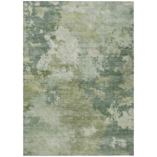9' X 12' Fern Green And Ivory Abstract Washable Indoor Outdoor Area Rug