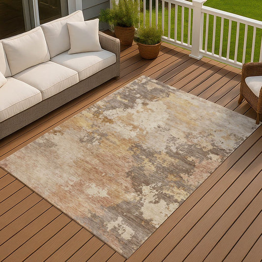 9' X 12' Salmon And Gold Abstract Washable Indoor Outdoor Area Rug