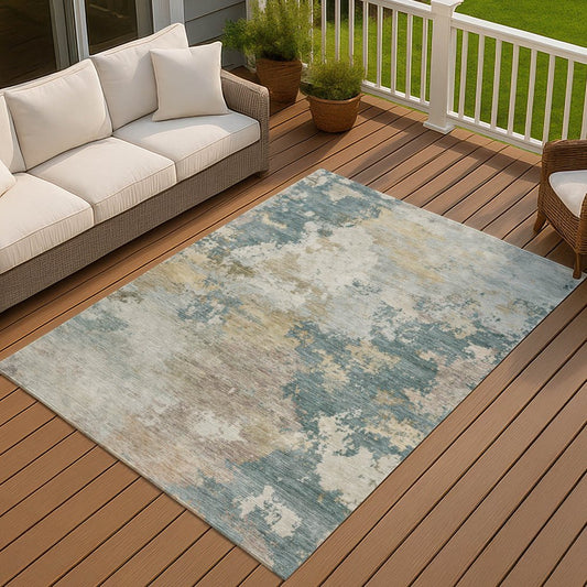 9' X 12' Teal Blue And Gold Abstract Washable Indoor Outdoor Area Rug