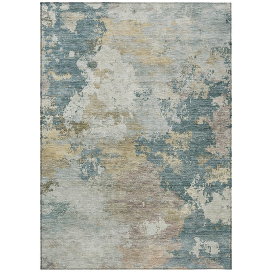 9' X 12' Teal Blue And Gold Abstract Washable Indoor Outdoor Area Rug