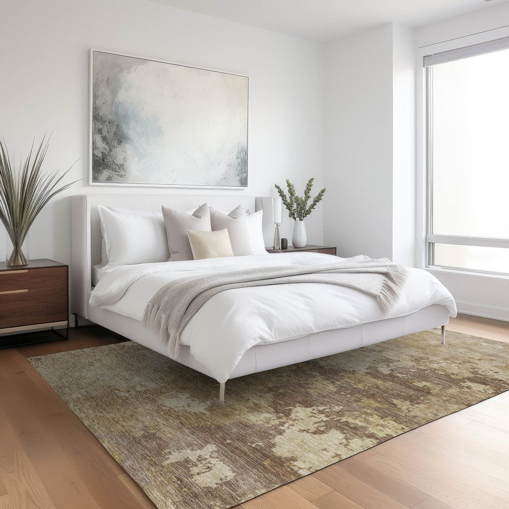 9' X 12' Wheat And Beige Abstract Washable Indoor Outdoor Area Rug