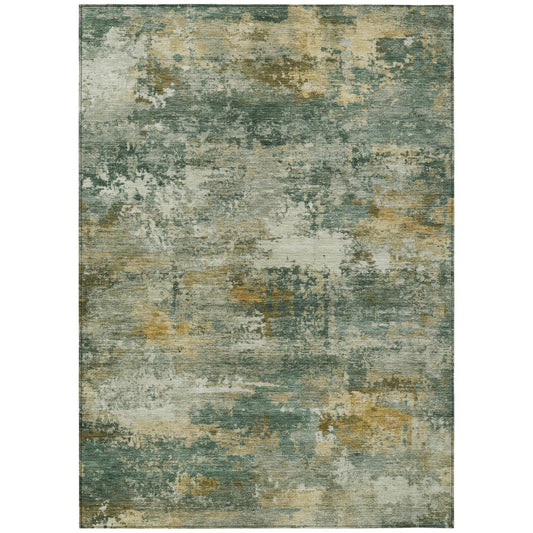 10' X 14' Fern Green And Gold Abstract Washable Indoor Outdoor Area Rug