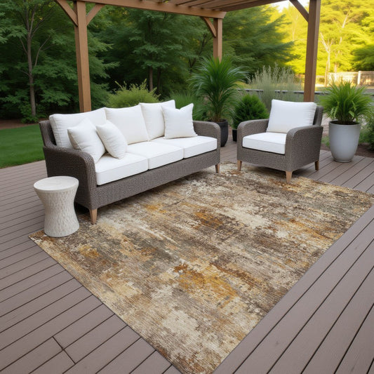 9' X 12' Rust And Beige Abstract Washable Indoor Outdoor Area Rug