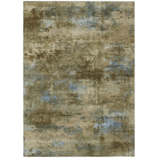 9' X 12' Brown And Blue Abstract Washable Indoor Outdoor Area Rug