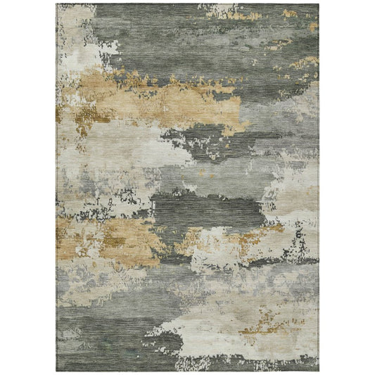 10' X 14' Artichoke Green Gold And Ivory Abstract Washable Indoor Outdoor Area Rug