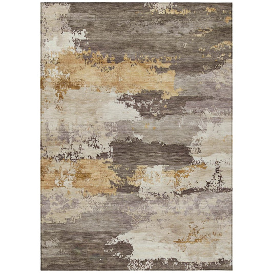 10' X 14' Chocolate Gold And Ivory Abstract Washable Indoor Outdoor Area Rug