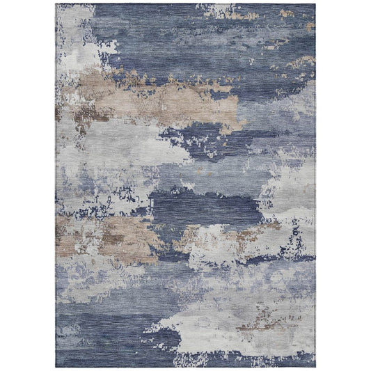 9' X 12' Navy Blue Ivory And Beige Abstract Washable Indoor Outdoor Area Rug