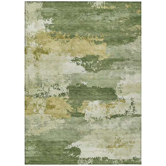 9' X 12' Olive Green And Beige Abstract Washable Indoor Outdoor Area Rug