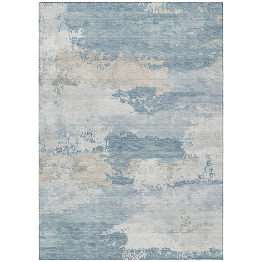 9' X 12' Sky Blue And Ivory Abstract Washable Indoor Outdoor Area Rug