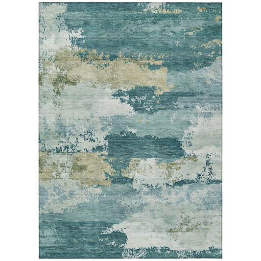 9' X 12' Teal Blue And Beige Abstract Washable Indoor Outdoor Area Rug