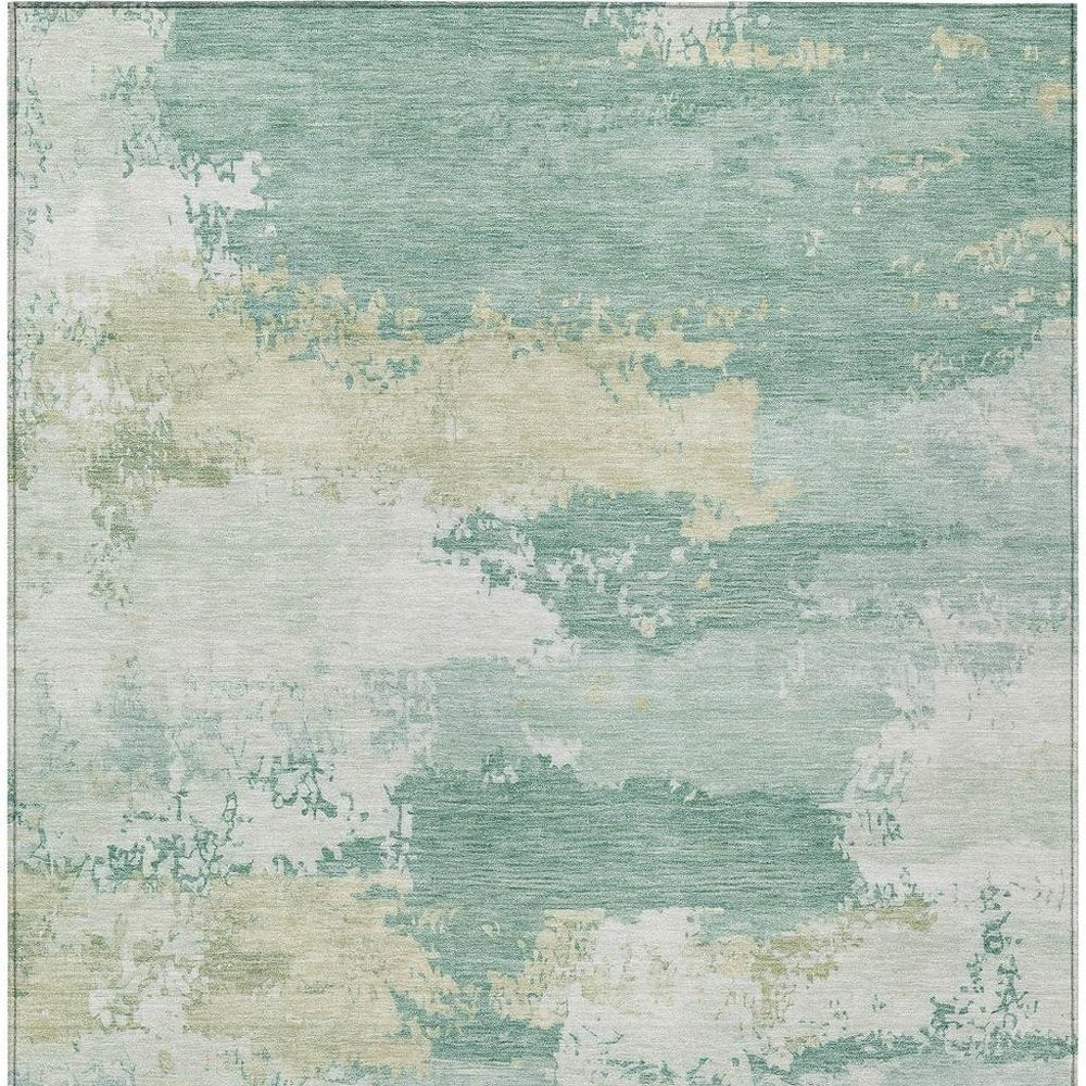 9' X 12' Turquoise And Ivory Abstract Washable Indoor Outdoor Area Rug