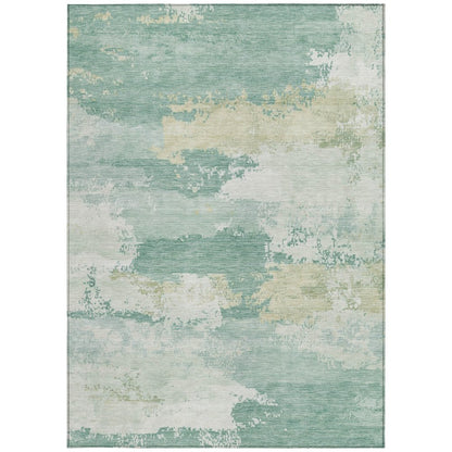 9' X 12' Turquoise And Ivory Abstract Washable Indoor Outdoor Area Rug