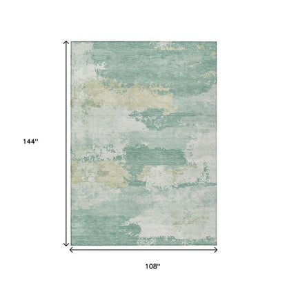 9' X 12' Turquoise And Ivory Abstract Washable Indoor Outdoor Area Rug