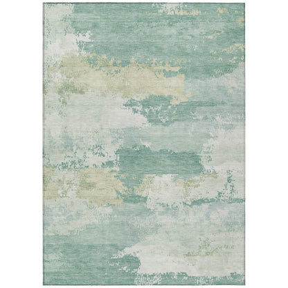 9' X 12' Turquoise And Ivory Abstract Washable Indoor Outdoor Area Rug