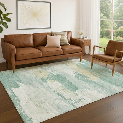 9' X 12' Turquoise And Ivory Abstract Washable Indoor Outdoor Area Rug