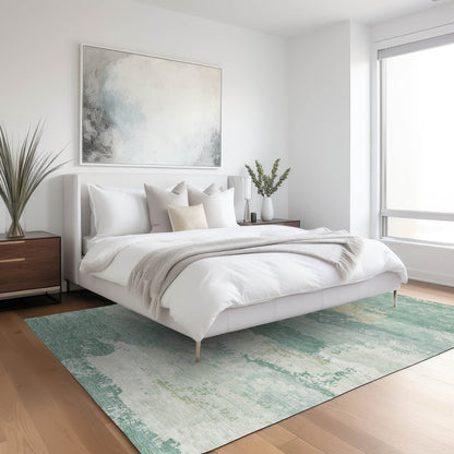 9' X 12' Turquoise And Ivory Abstract Washable Indoor Outdoor Area Rug