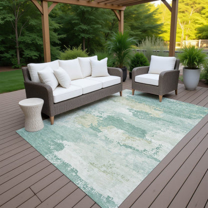 9' X 12' Turquoise And Ivory Abstract Washable Indoor Outdoor Area Rug