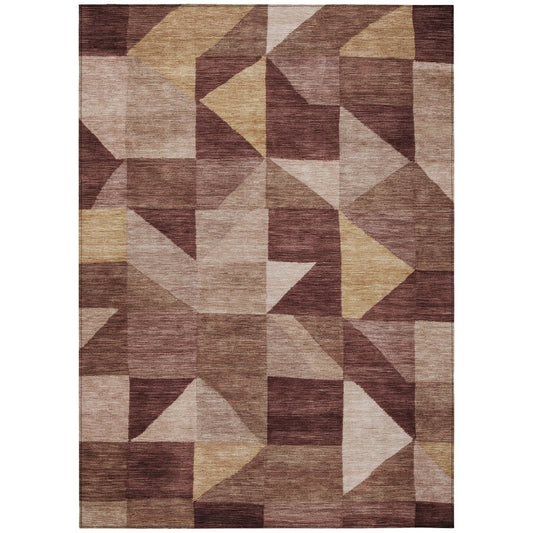 9' X 12' Burgundy And Wheat Geometric Washable Indoor Outdoor Area Rug
