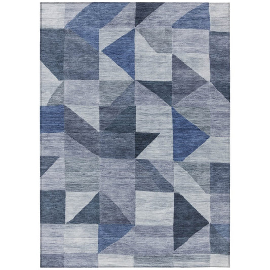 9' X 12' Denim Blue And Ivory Geometric Washable Indoor Outdoor Area Rug