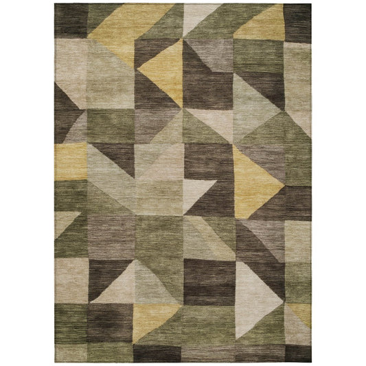 10' X 14' Fern Green And Gold Geometric Washable Indoor Outdoor Area Rug