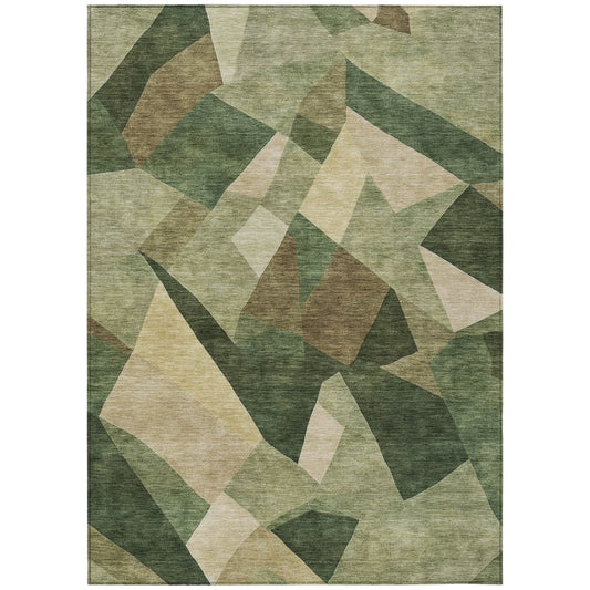 10' X 14' Green And Beige Abstract Washable Indoor Outdoor Area Rug