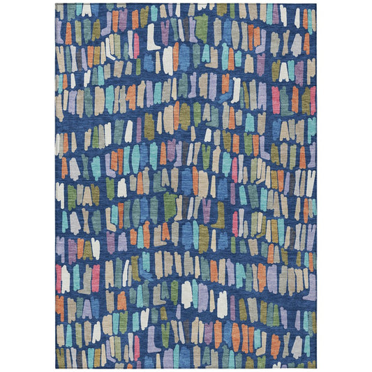 9' X 12' Navy Blue Orange And Green Striped Washable Indoor Outdoor Area Rug