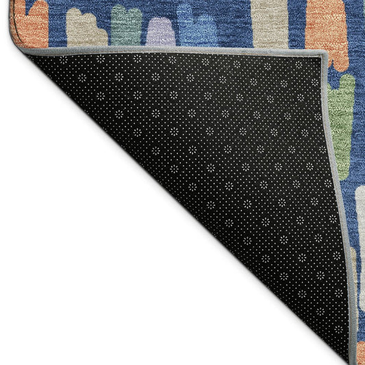 9' X 12' Navy Blue Orange And Green Striped Washable Indoor Outdoor Area Rug